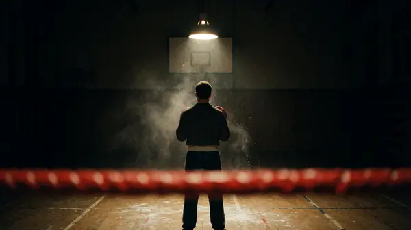 Boxer im Lichtkegel einer Turnhalle