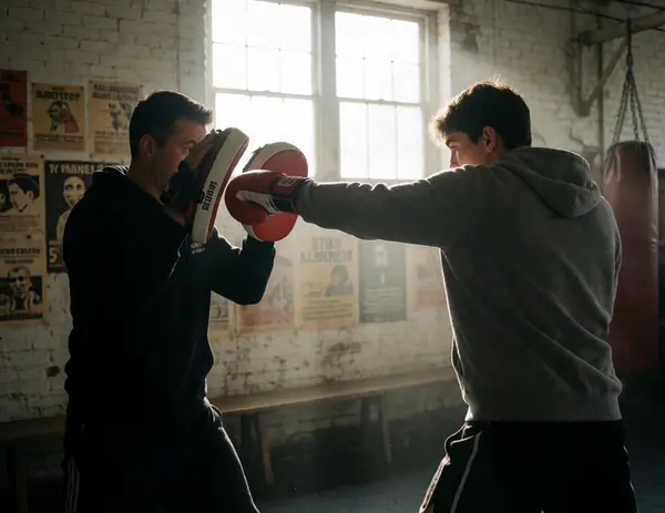 Trainer hält Pratzen, Boxer schlägt eine Gerade