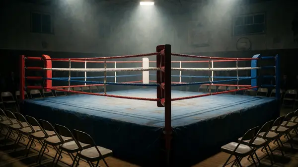 Leerer Boxring mit Stuhlreihen